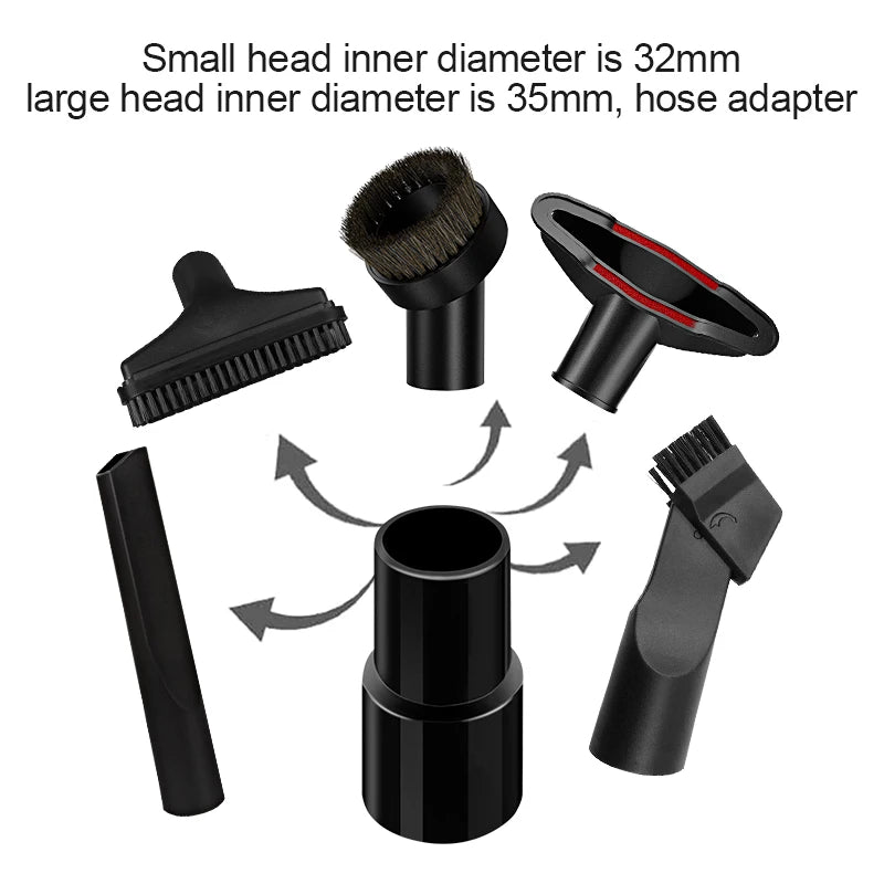 Black vacuum cleaner crevice nozzle brush with 32mm and 35mm adapter sizes