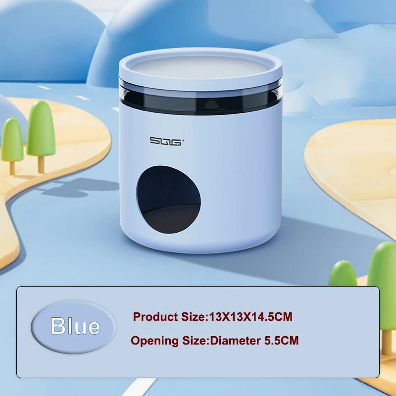 A white cooling hideout container with a black lid and a circular opening is shown on a light blue surface.