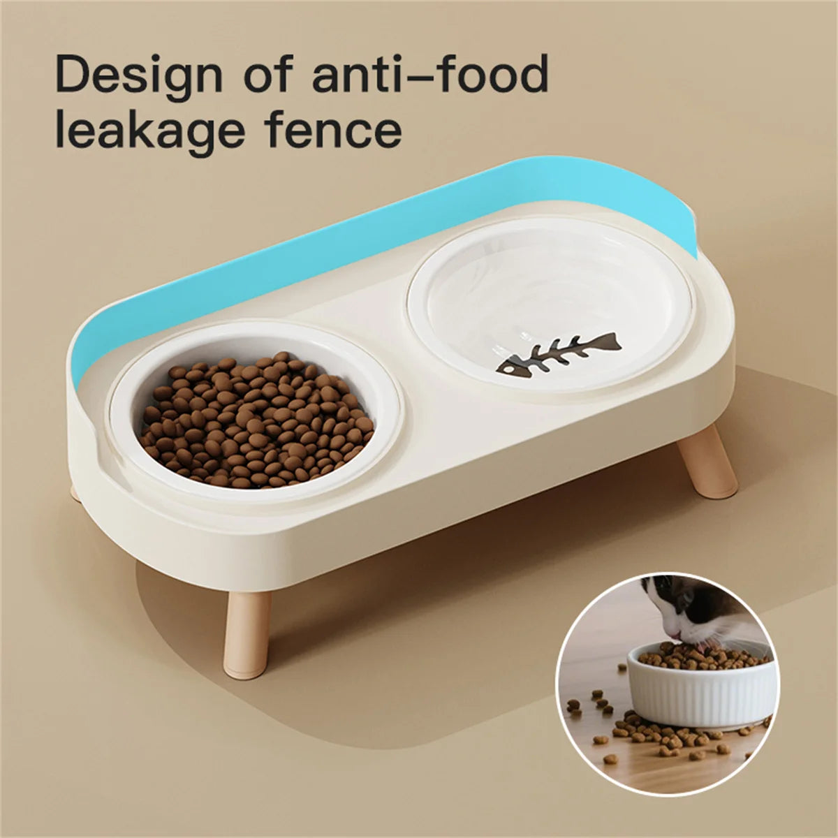 A white elevated ceramic double pet bowl with a blue leak fence is shown on a wooden stand.