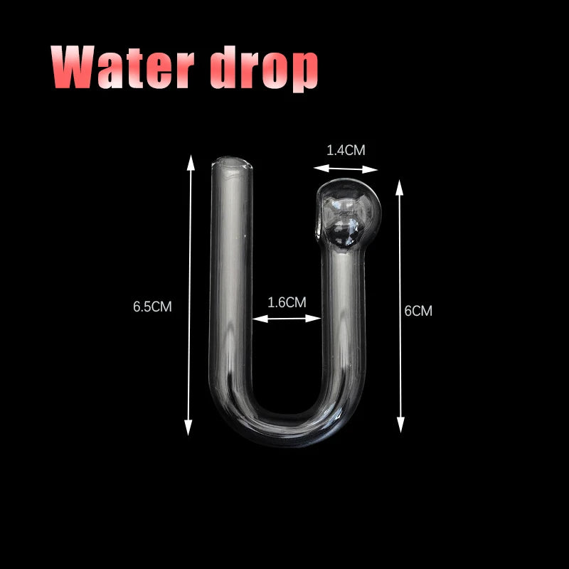 A clear, U-shaped glass water drop checker with dimensions 1.4cm to 6cm.