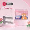 A box of 10 disposable female dog diapers is shown next to a stack of diapers on a pink surface.