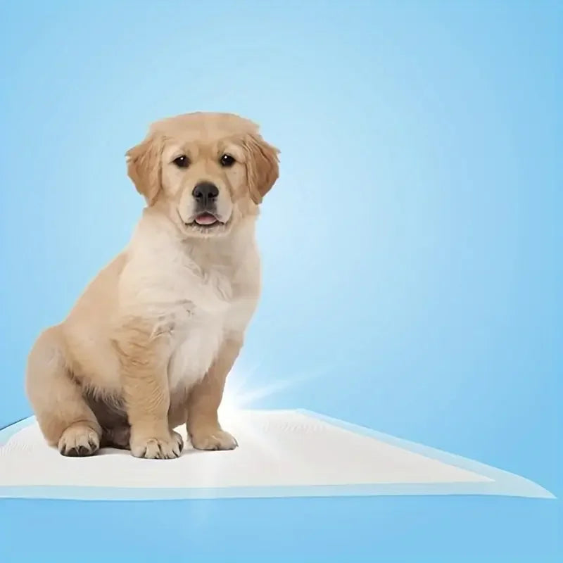 A light golden Labrador puppy sitting on a white disposable pet pad against a light blue background.