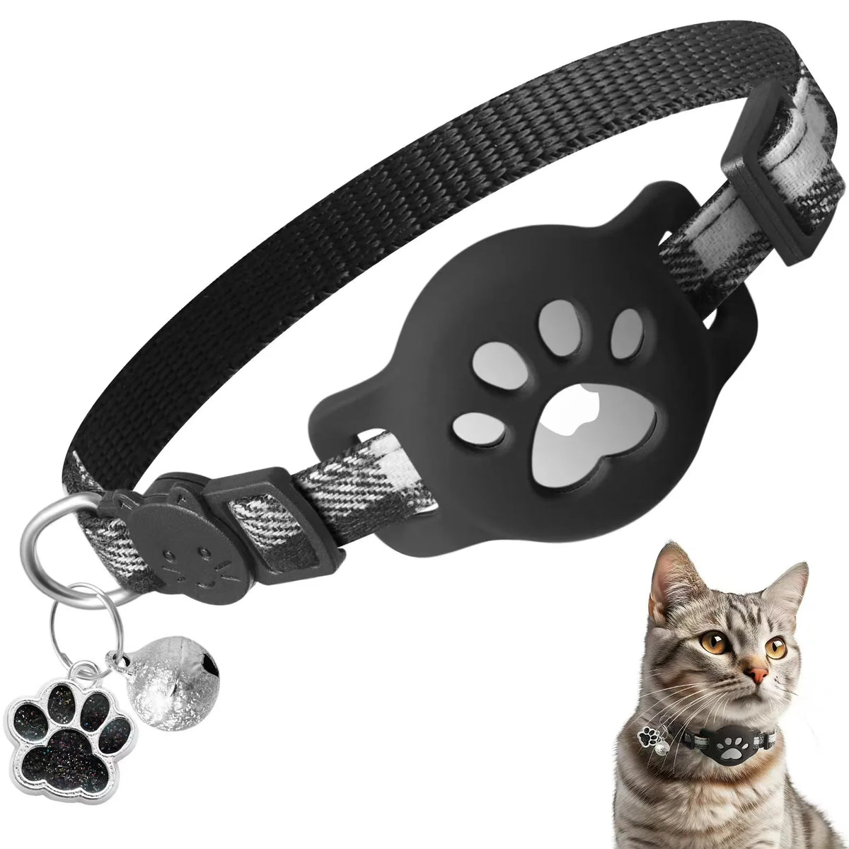 Black adjustable cat collar with a paw print holder and bell attached to a gray tabby cat