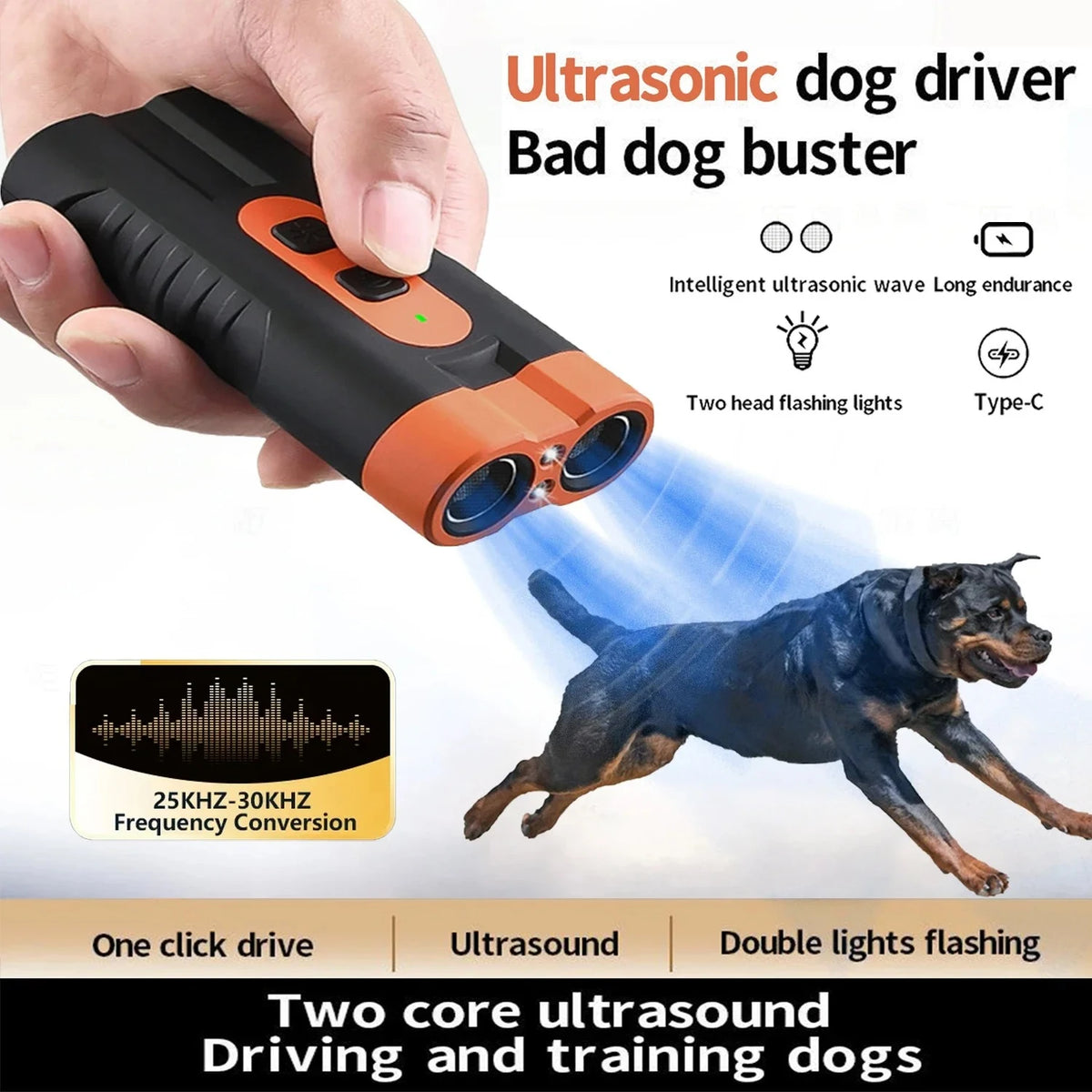 Eine Hand hält ein Ultraschall-Hundtrainiergerät mit orangefarbenen Akzenten und demonstriert dessen Verwendung zum Trainiere