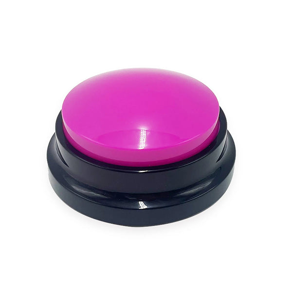 A round, bright pink button with a dark blue base for custom voice recording dog training.