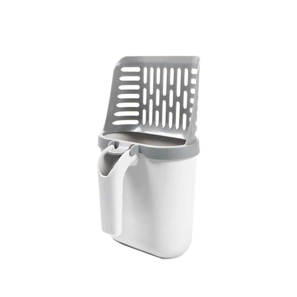 A white self-cleaning cat litter scoop with a waste bin and refill bags, featuring a perforated top.