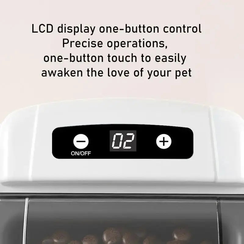 White pet feeder display showing ON/OFF and a numerical timer, with text describing one-button control.