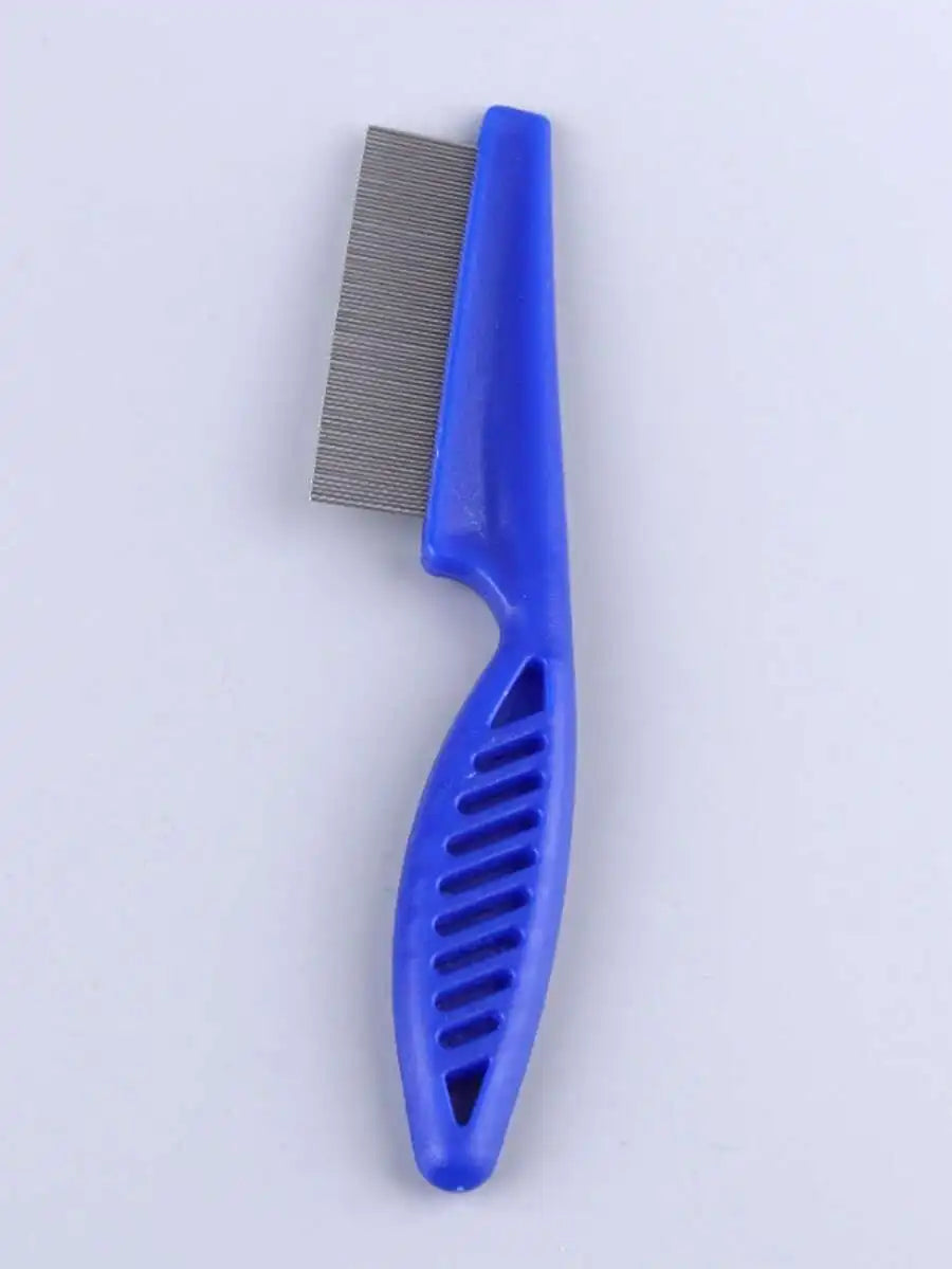 A blue fine-toothed stainless steel pet grooming comb with a curved handle and serrated teeth.