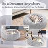 A fluffy gray pet bed for a cat is shown resting on a wooden floor.