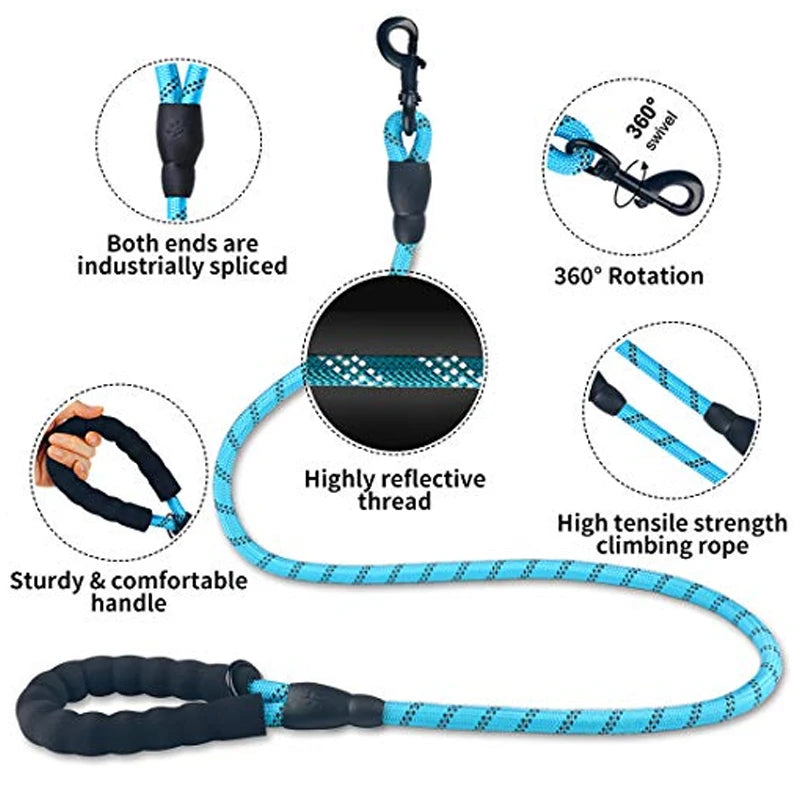 A bright blue reflective climbing rope leash with a padded handle and industrial splicing, shown in various views.