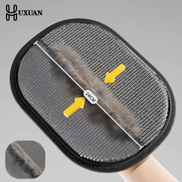 A gray electrostatic pet hair removal glove with a yellow indicator showing 24cm length.