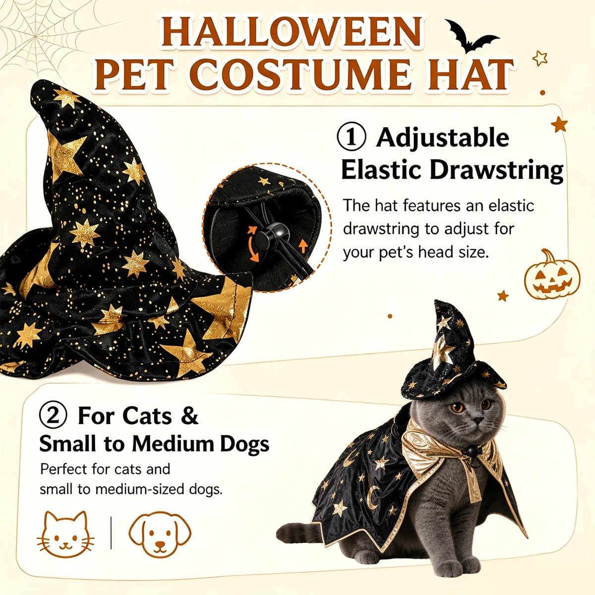 A black and gold witch costume hat with an elastic drawstring, shown next to a cat and small dog.