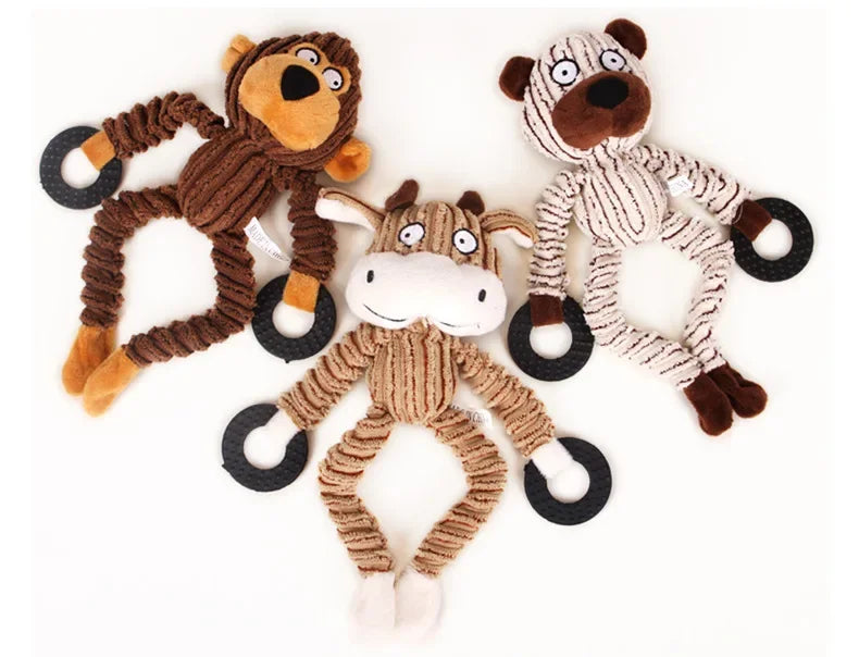 Three plush chew toys for dogs featuring cute cow, monkey, and bear designs.