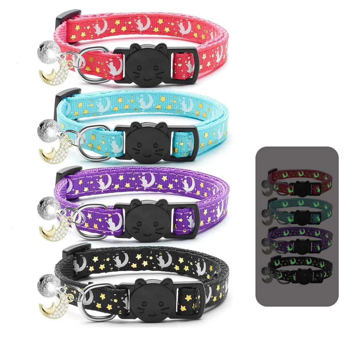 A set of five glow-in-the-dark breakaway cat collars in various colors featuring a cat charm and a moon pendant.