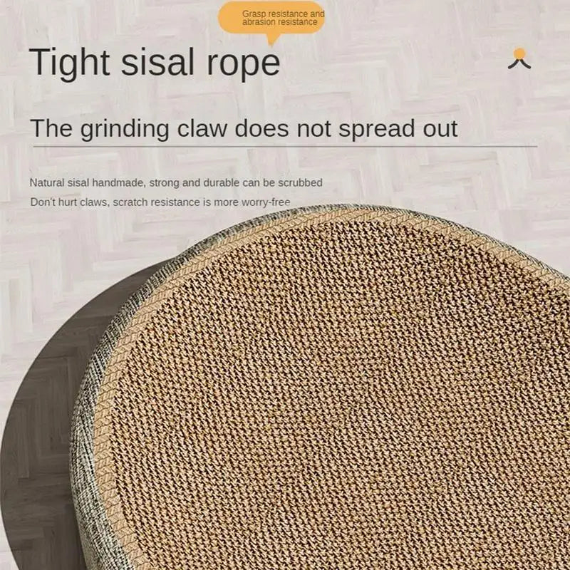A close-up view of a tight sisal rope product used as a scratching board or lounging nest.