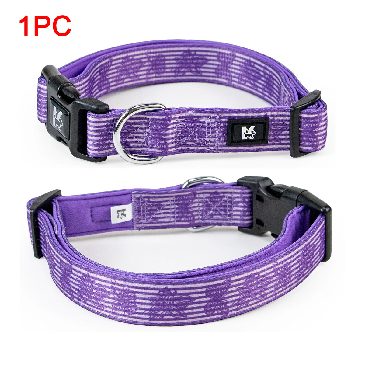 A purple plaid polyester dog collar with a black buckle and silver ring.