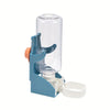 A blue plastic no-drip hanging water bottle for small pets with an orange clip and a white tray.