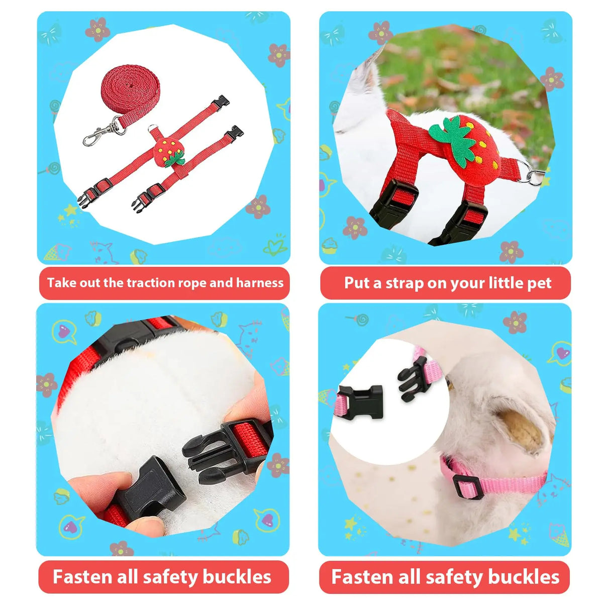 A set of adjustable bunny rabbit pet harness and leash featuring red and black straps for securing a small pet.