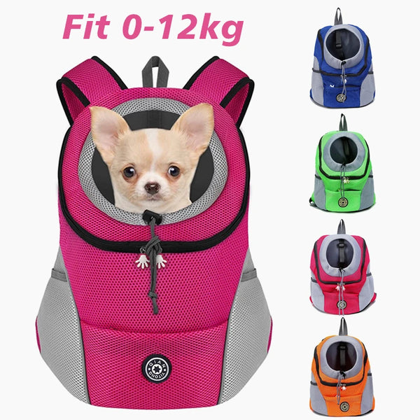Pink and gray pet carrier backpack designed for small dogs with a mesh opening