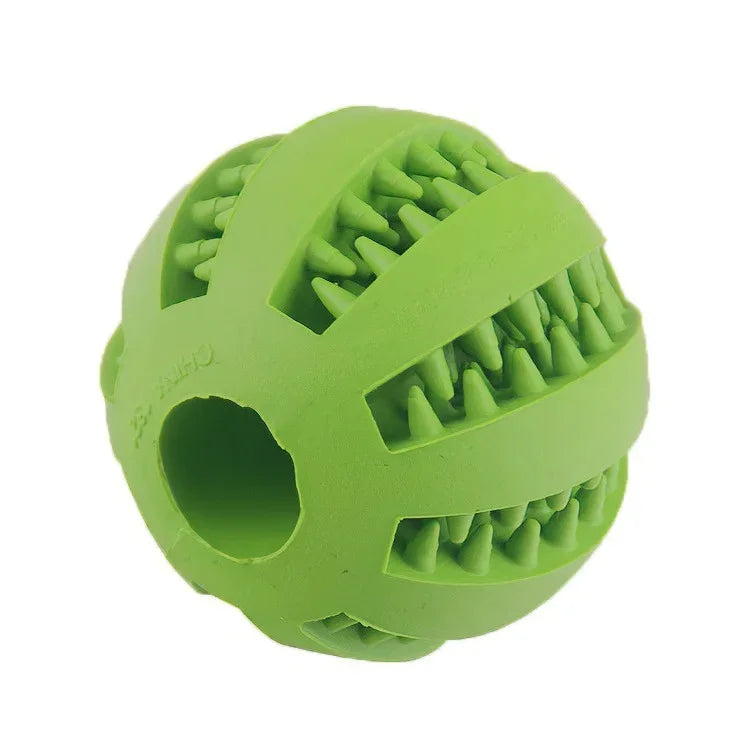 Helle limettengrüne Gummiball-Spielzeugball mit strukturierten Rillen und Loch für Hunde.