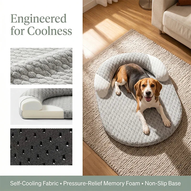 A dog is lying on a gray self-cooling pet mat made of memory foam fabric in a sunlit room.