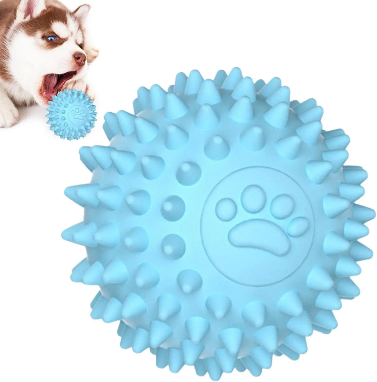 A light blue, spiky rubber ball designed for dogs as a dental cleaning and chew toy.