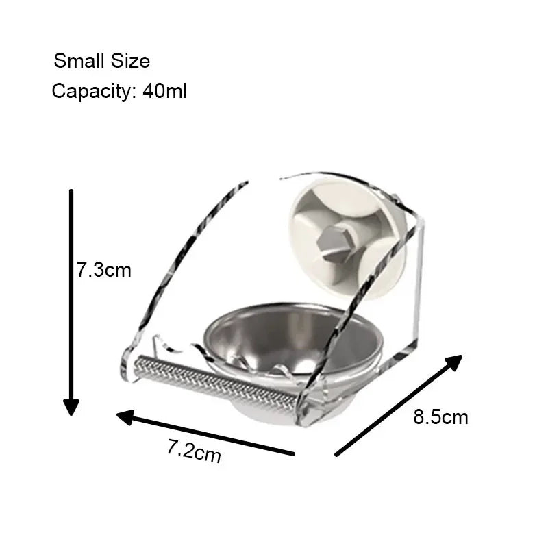 A small stainless steel pet feeding bowl with a mesh strainer, measuring 7.3cm in height and 8.5cm in diameter.