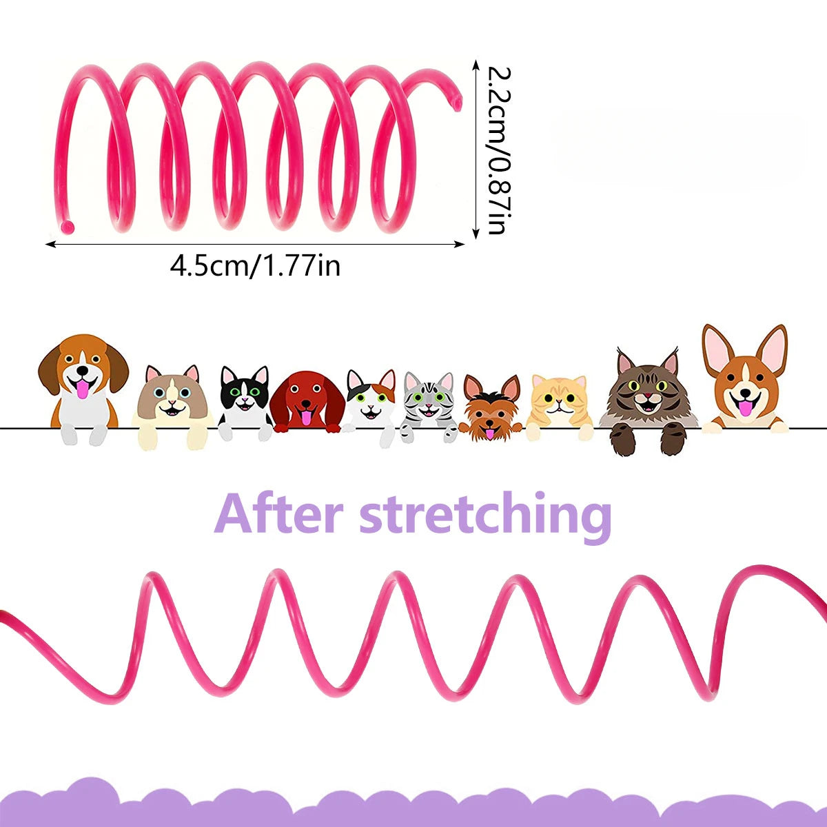 A set of pink cat spring toys stretched out, next to various animal figurines.