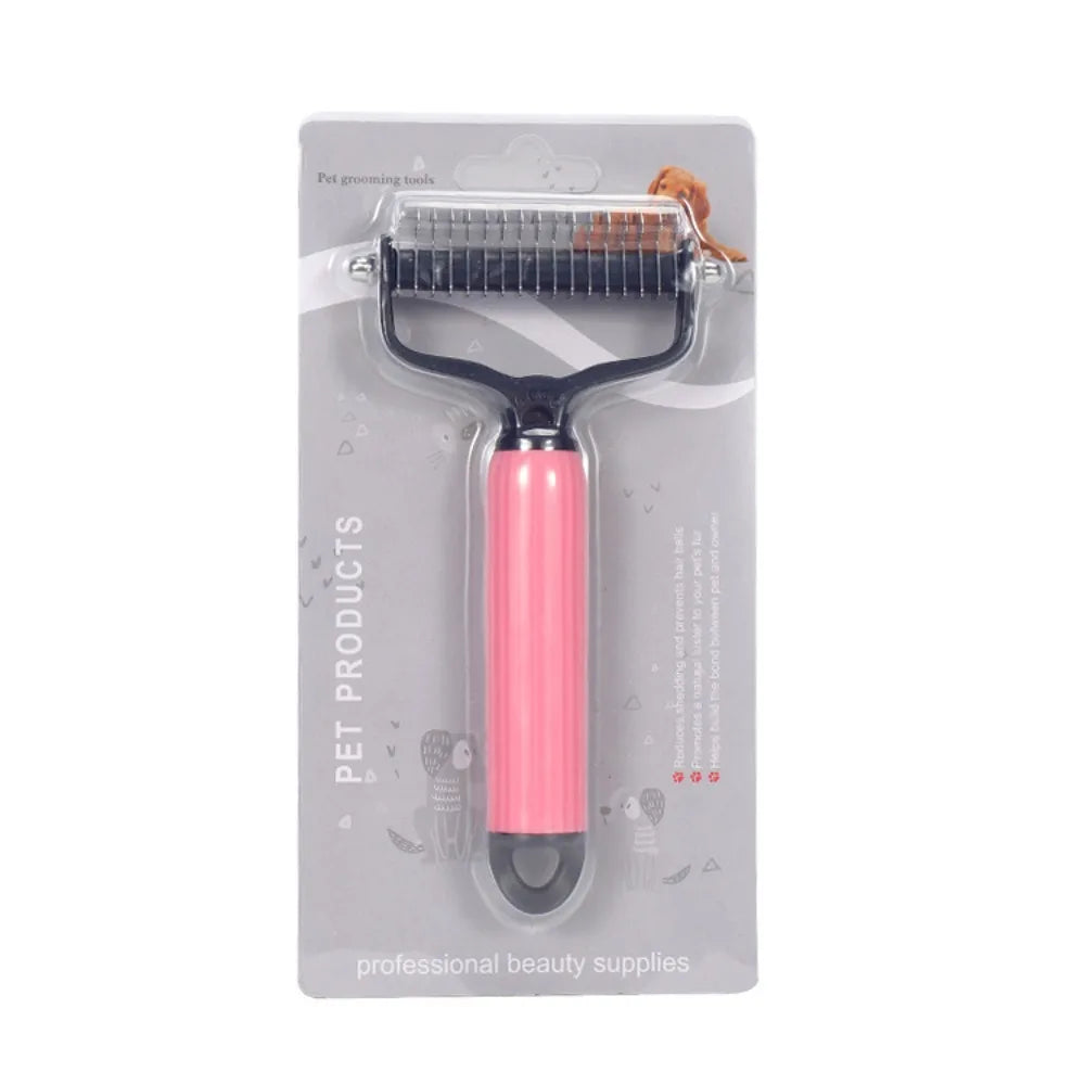 Peigne de toilettage en acier inoxydable rose avec une barre métallique pour démêler les poils de chien, emballé dans une poc