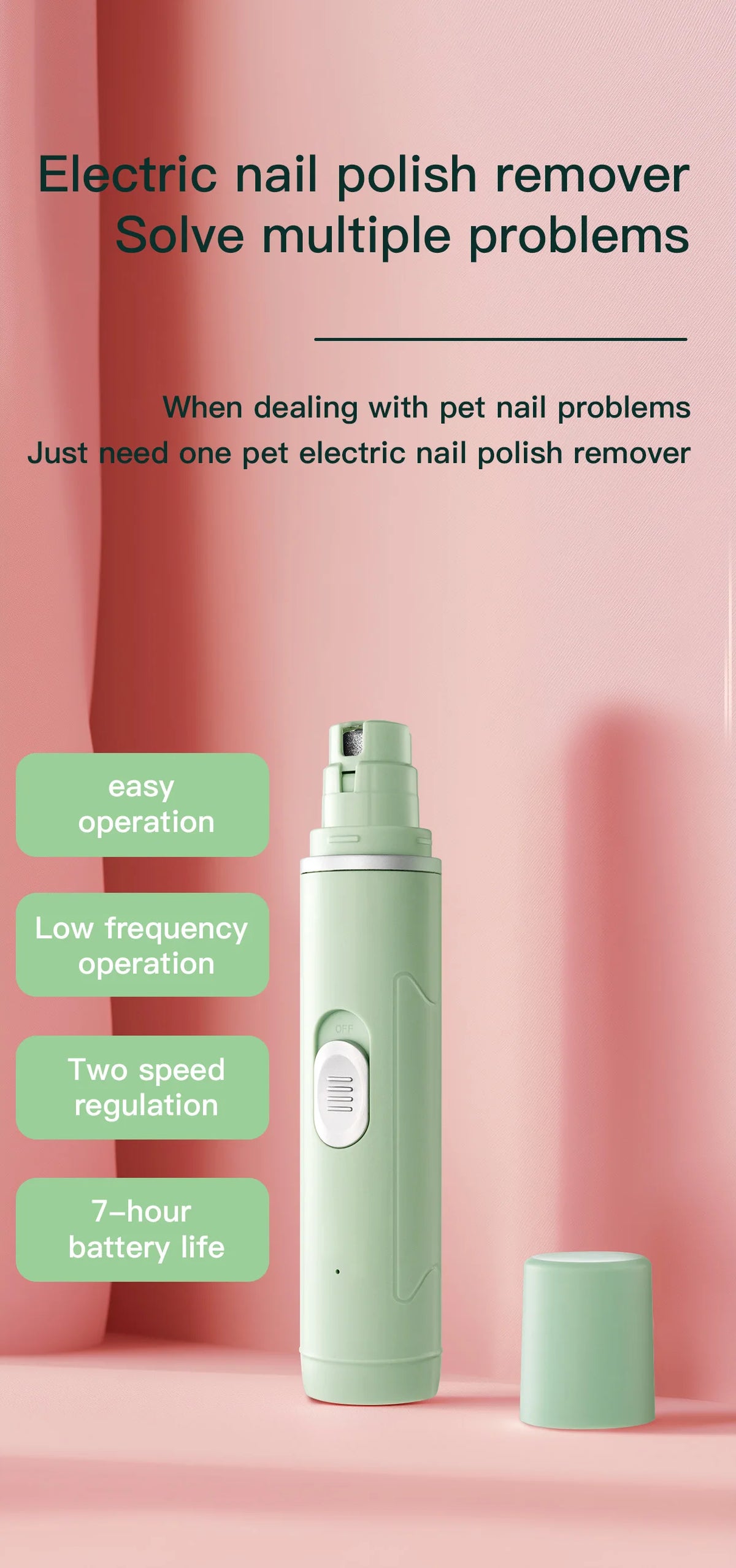 A vertical shot of a light green electric nail polish remover device standing next to a cylindrical accessory.