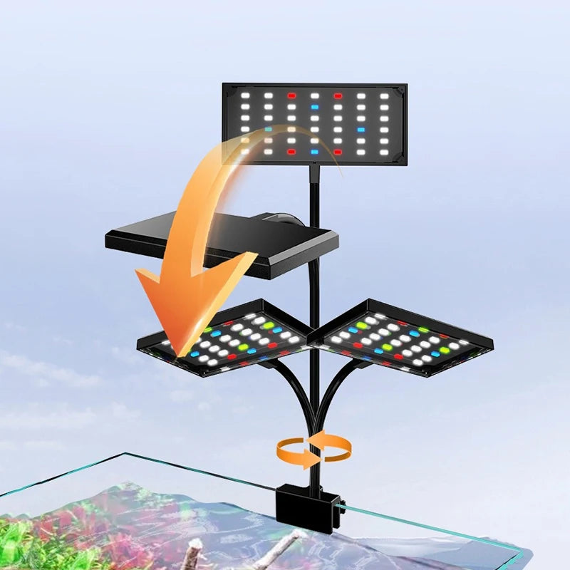 A full spectrum LED grow light system with multiple light panels mounted on a stand above a landscape.