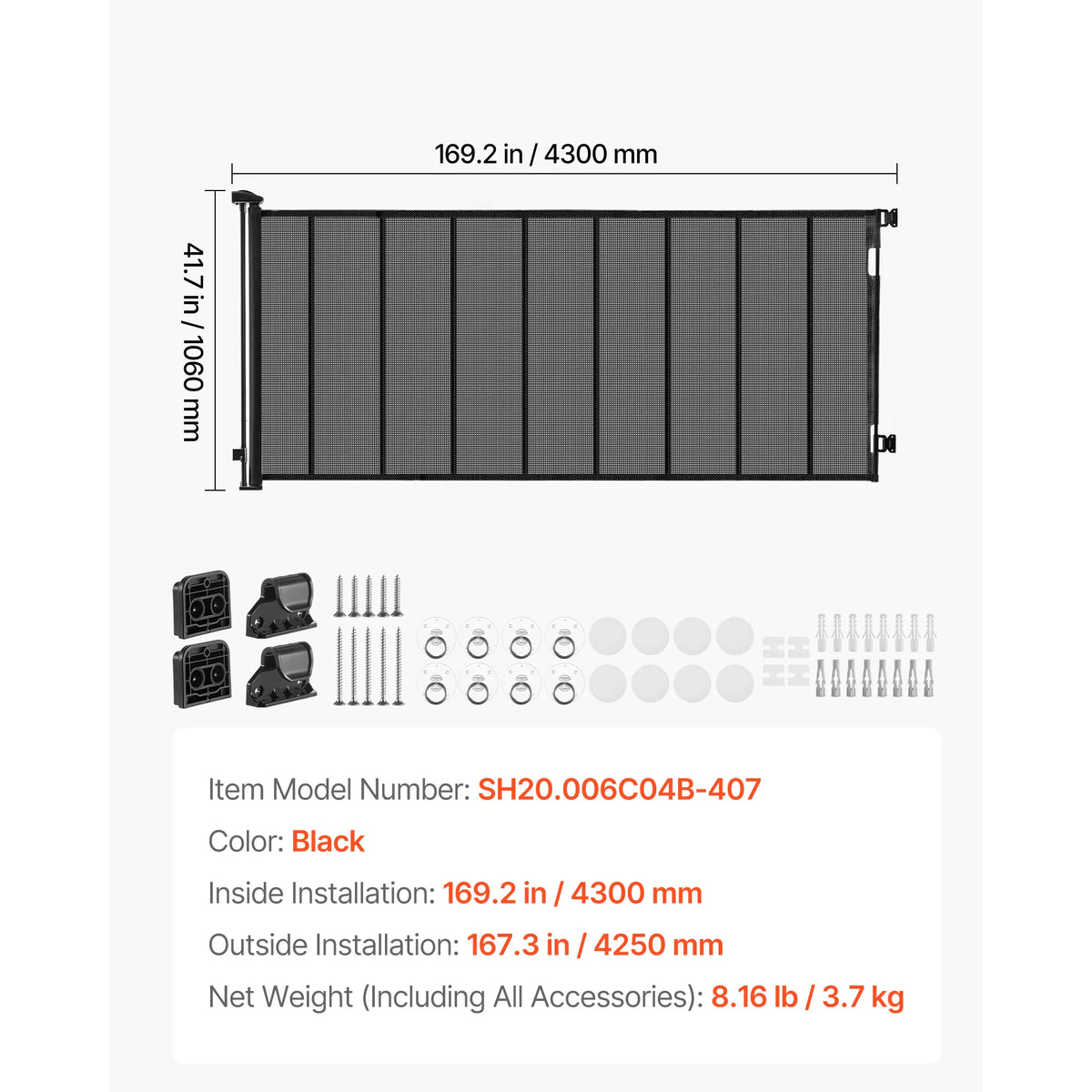 A black retractable mesh safety gate measuring 169.2 in by 4300 mm with various installation accessories.