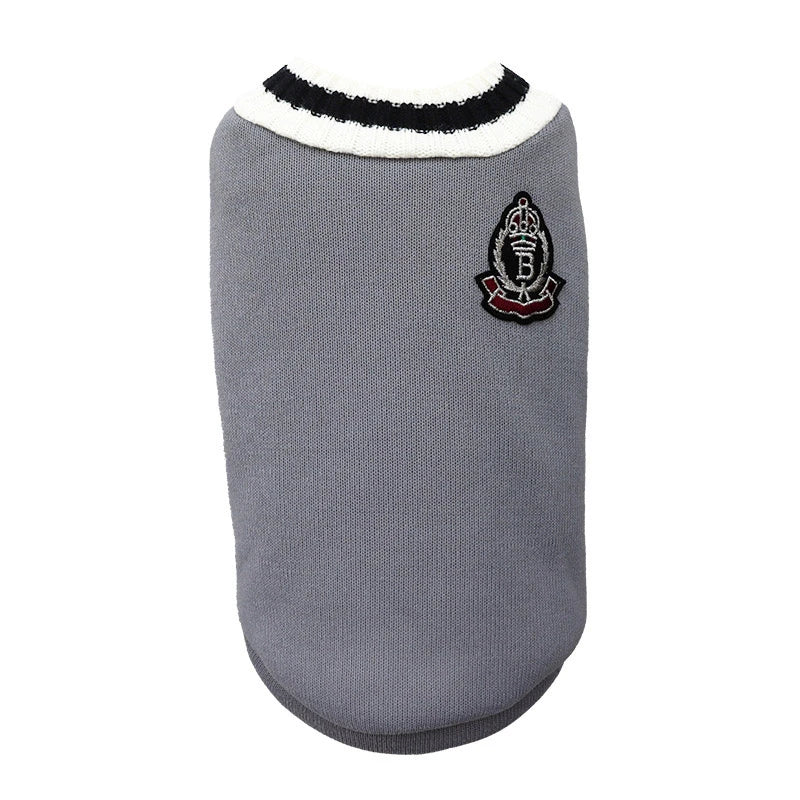 A gray cozy cotton pullover sweater for cats and small dogs with a white trim.