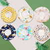 A collection of colorful, patterned soft cotton recovery collars for dogs and cats displayed on a light background.