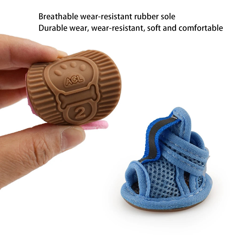 A hand holds a brown rubber dog shoe and a blue fabric dog shoe.