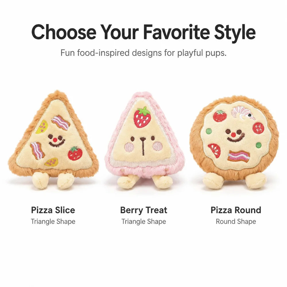 Three food-shaped plush toys for dogs: a pizza slice, a berry treat, and a pizza round.