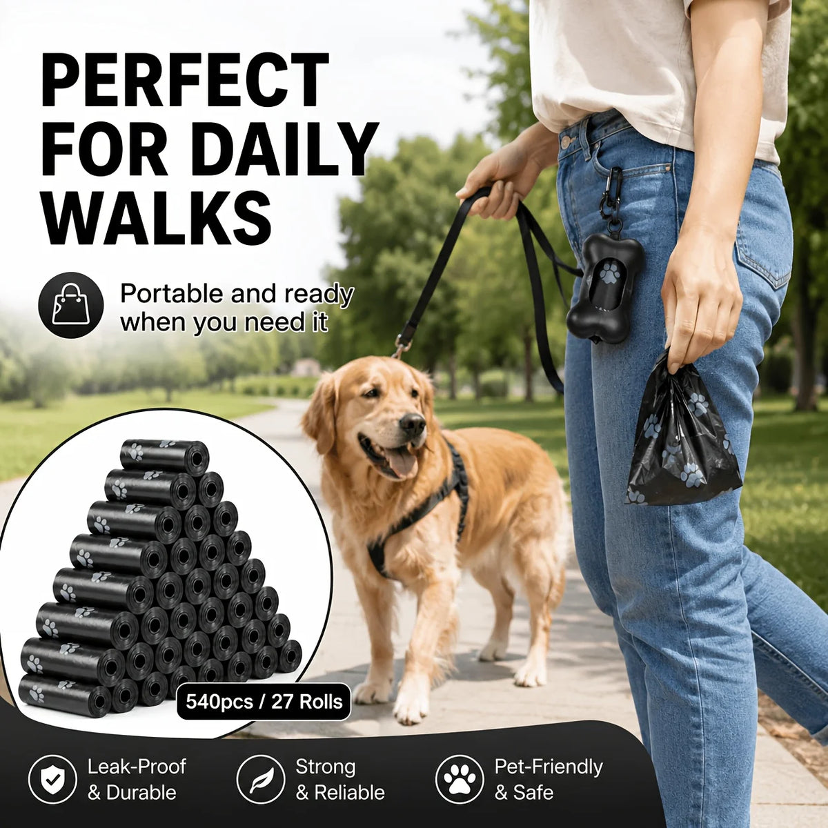 A person is holding a dog and wearing denim jeans while a stack of black dog waste bags is displayed with product features.
