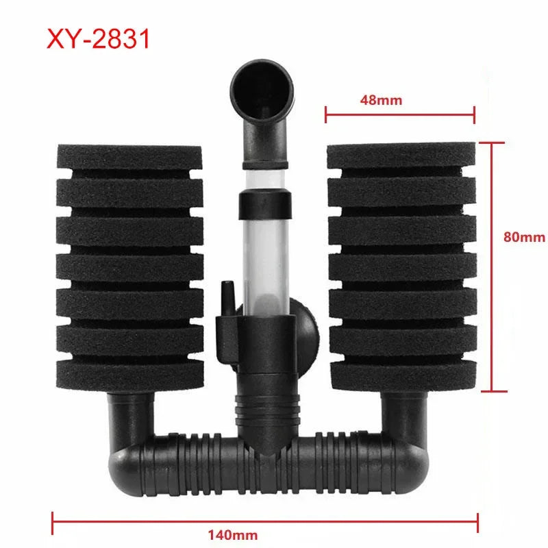 Black aquarium biochemical sponge filter with a cylindrical tube and mounting base