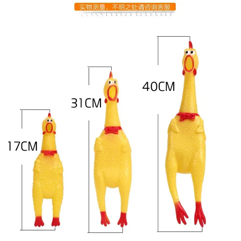 Yellow rubber screaming chicken squeaky dog toy with red feet