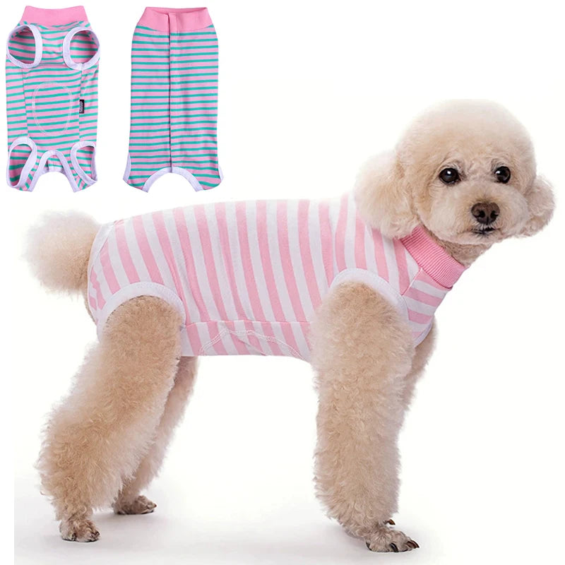 Striped Cotton Dog Recovery Suit for Post-Surgery Protection