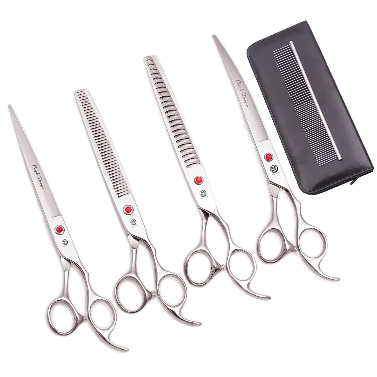 A set of professional stainless steel pet grooming scissors and comb in a black case.