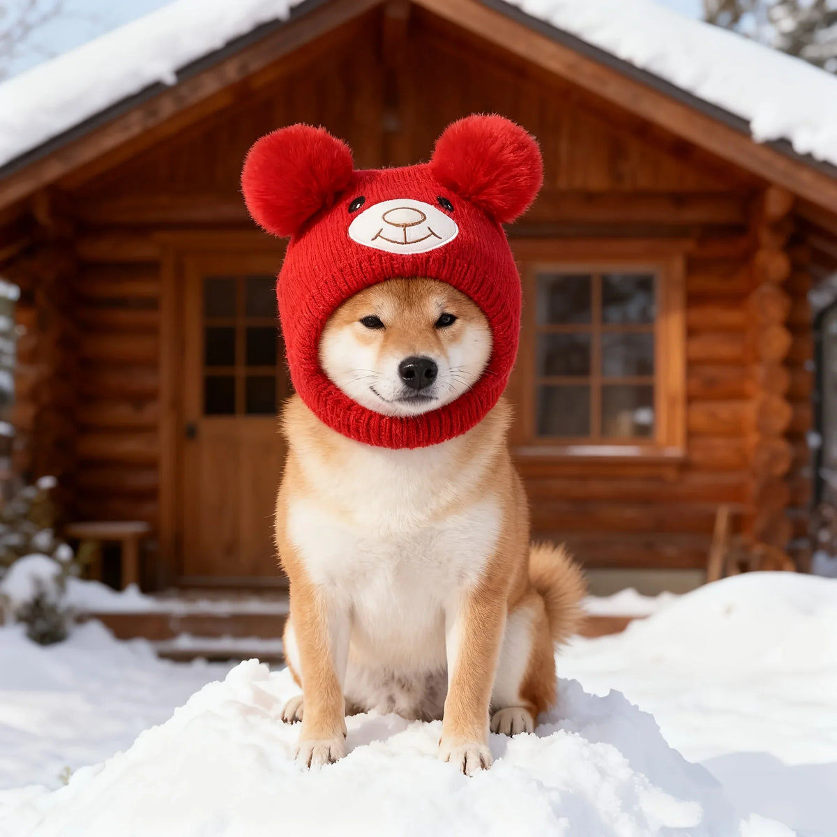 A fluffy Shiba Inu dog wearing a red knitted hat with bear ears sitting in the snow in front of a wooden cabin.