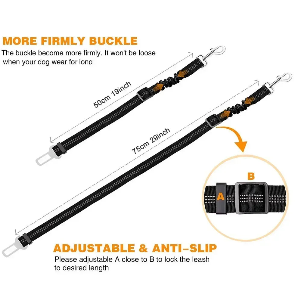 A black adjustable leash and buckle set for a dog, showing different lengths and components.