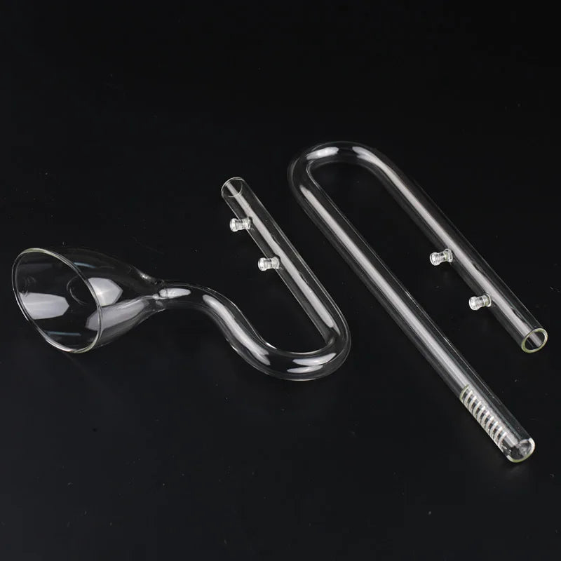 Clear borosilicate glass lily pipe with a curved mouthpiece and a long, straight tube for planted aquariums