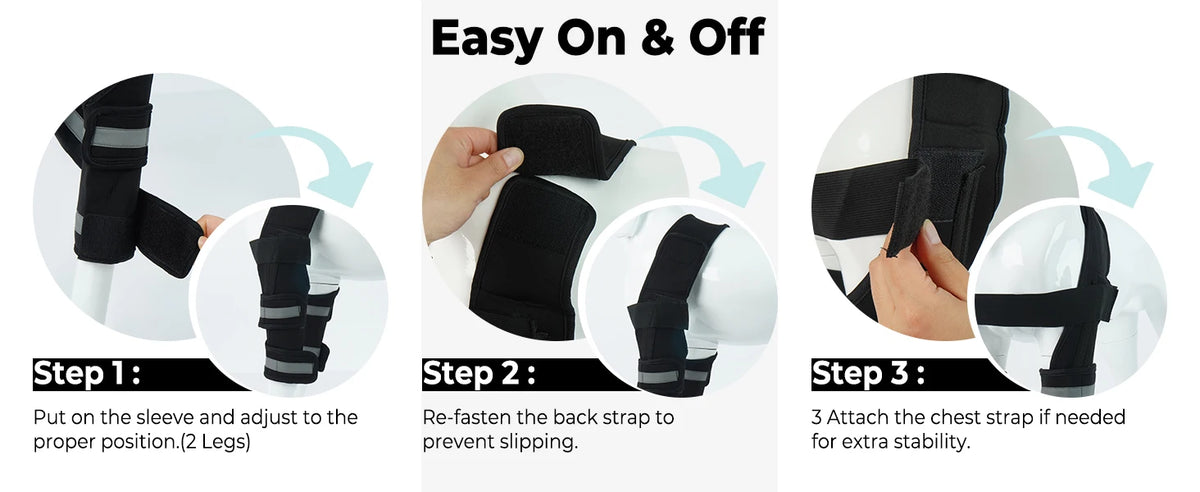 Instructions show how to put on and adjust an adjustable dog front leg brace with elbow support.