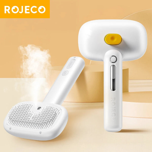 A white steam spray pet grooming brush for dogs and cats is shown next to its charging base.