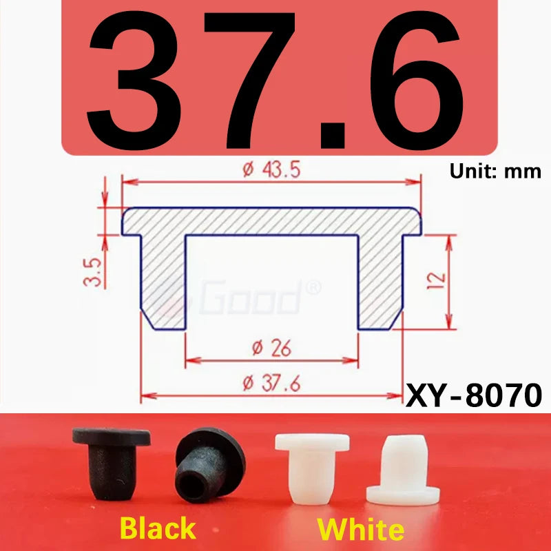 Black and white silicone rubber hole plugs shown next to a measurement diagram for XY-8070