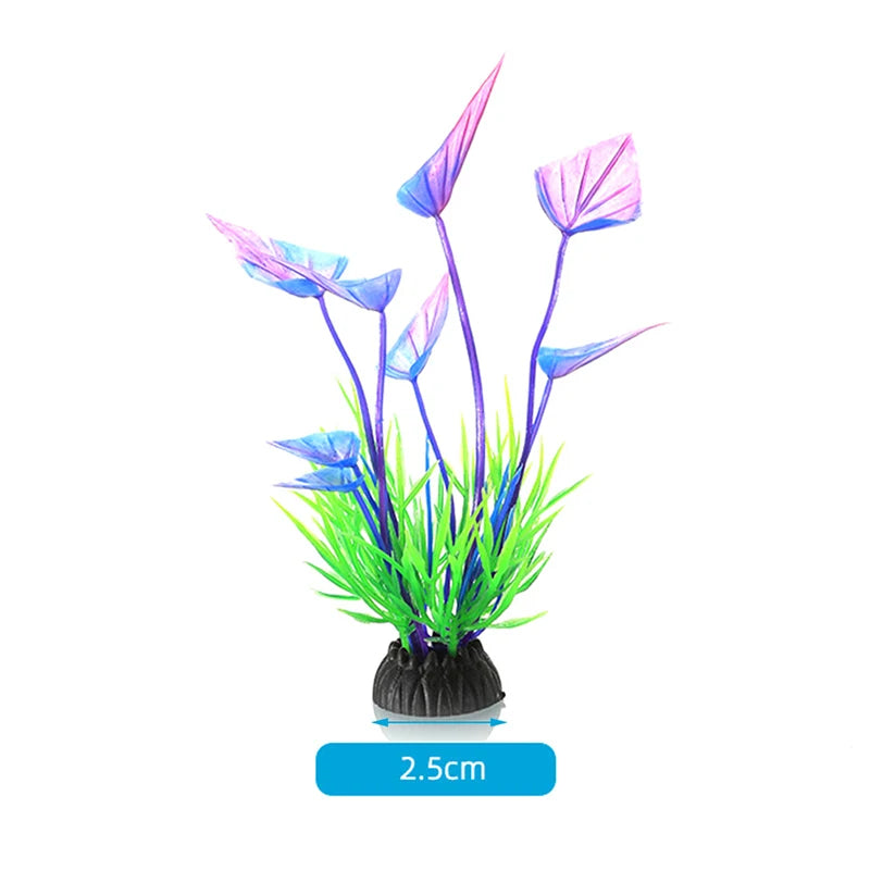 A small arrangement of colorful, realistic aquarium plants with purple and pink leaves growing from a dark base.