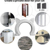 A white cat door with a clear flap is shown alongside various dimensions and installation examples.