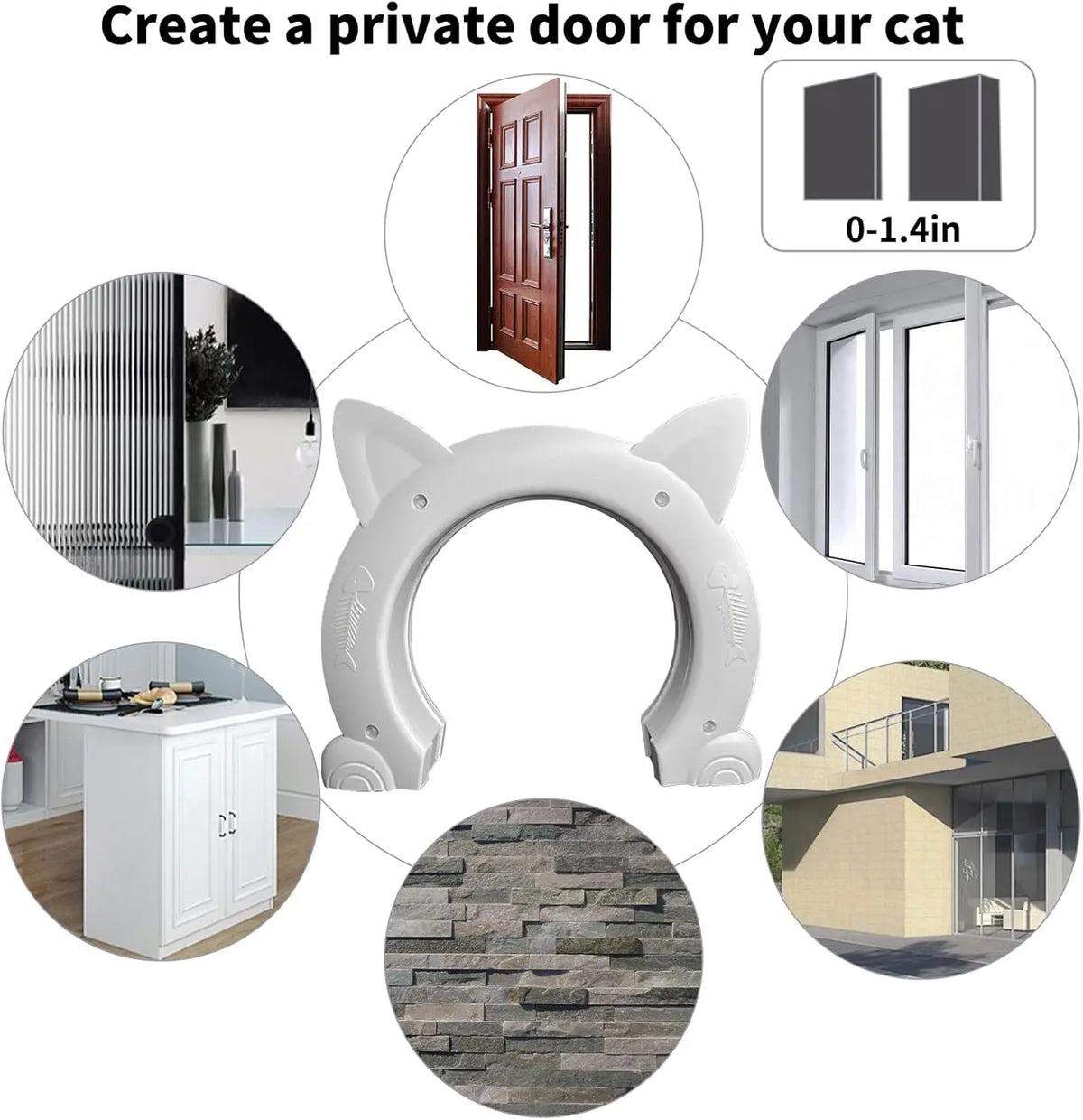 A white cat door with a clear flap is shown alongside various dimensions and installation examples.